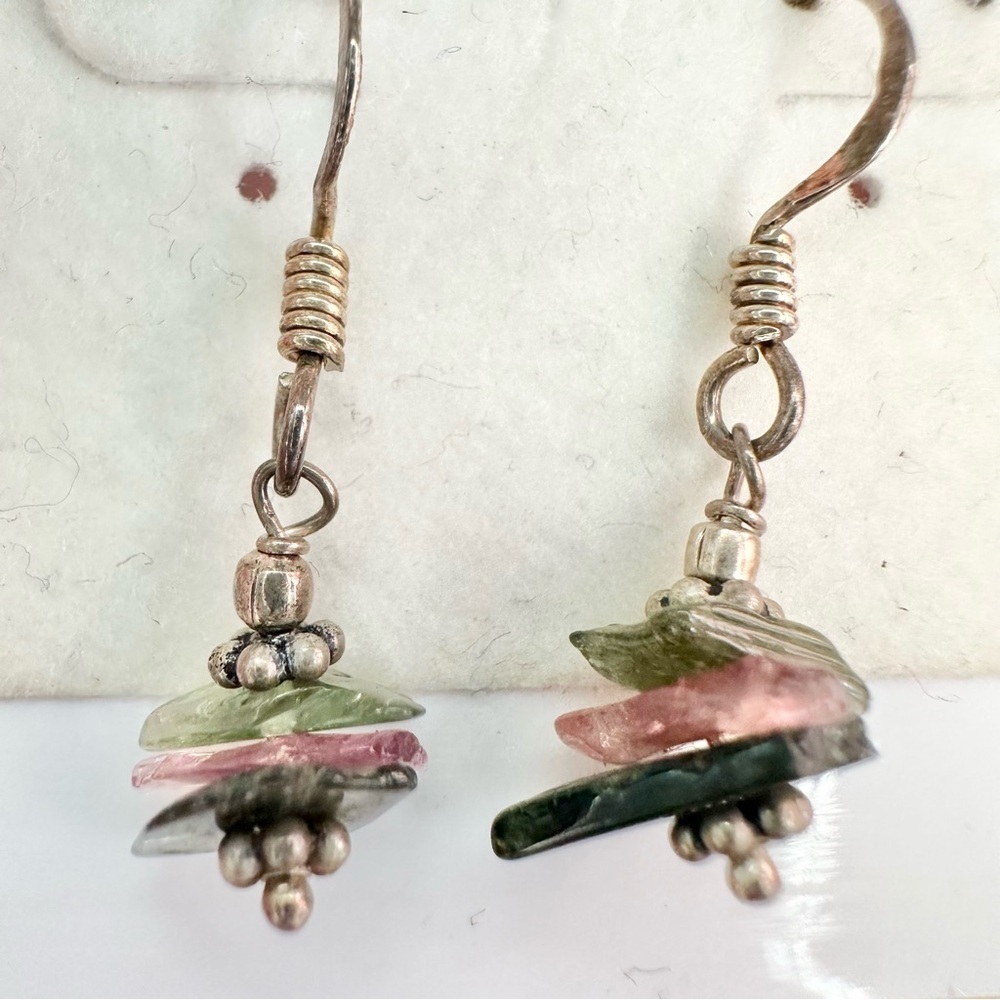Sterling Silver Green Purple Dangle Earrings Natural Stones - Picture 4 of 10